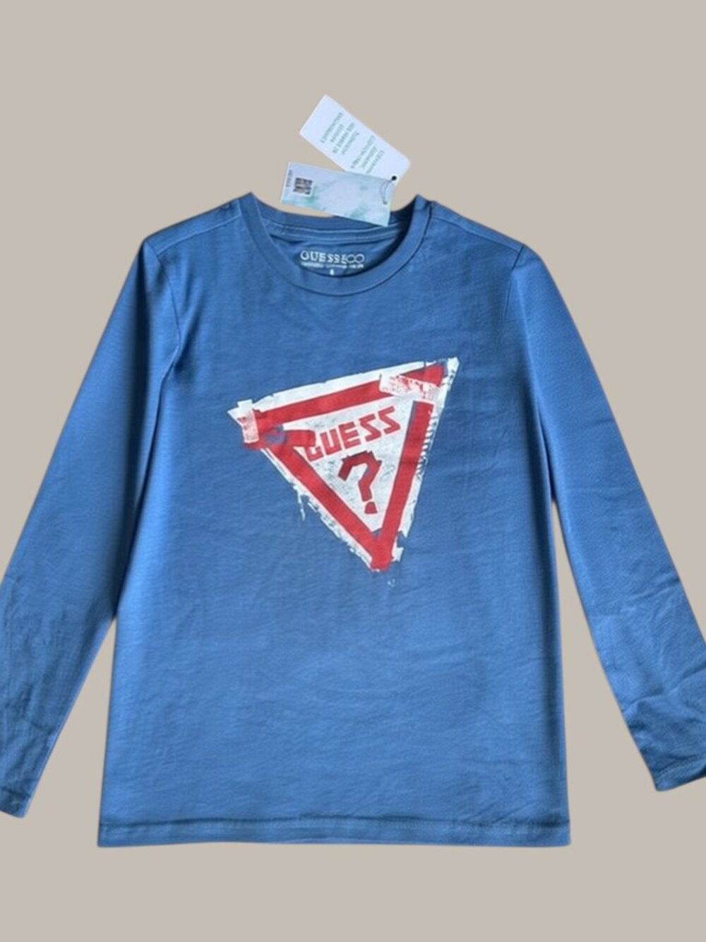 NWT GUESS ECO Boys Blue Classic Triangle Logo Long Sleeve Tee Size 8